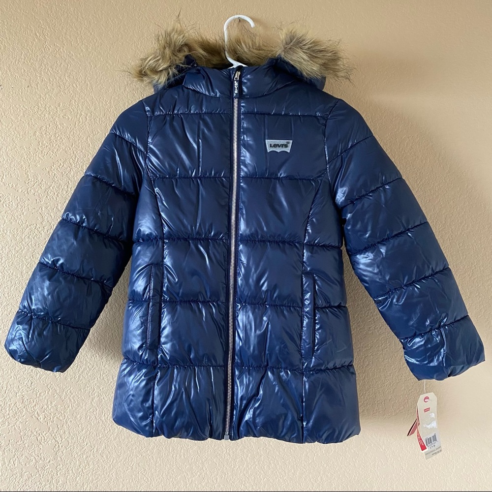 NEW! Levi’s Girls Long-Sleeve Heavy Weight Puffer Full-Zip Blue Hooded Jacket